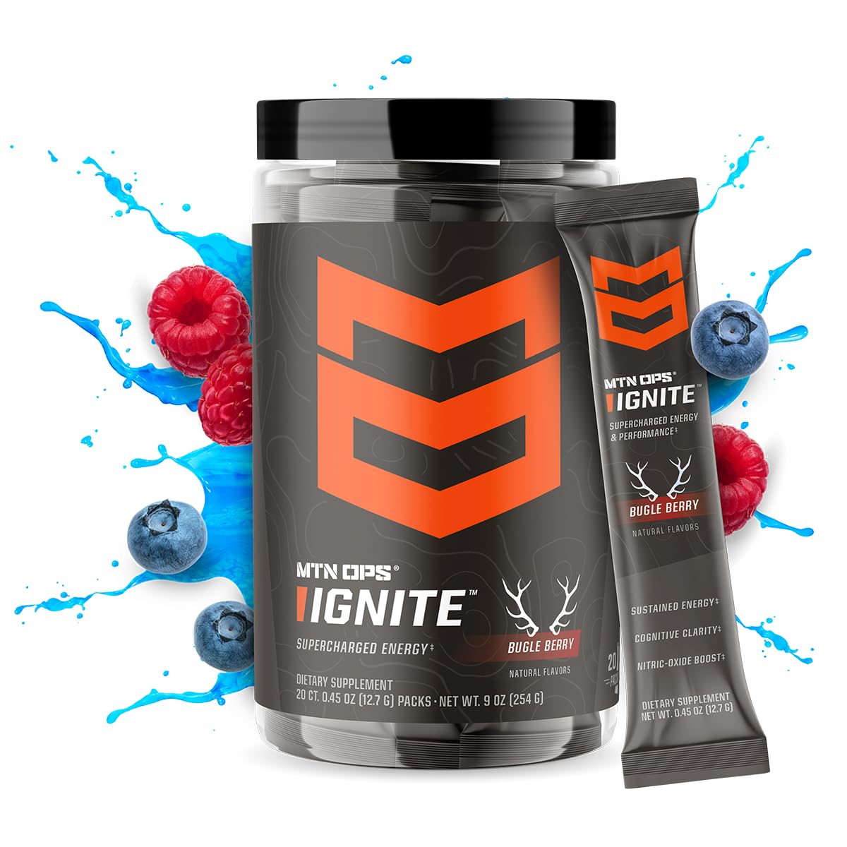 MTN OPS Ignite scoop beside tub for quick, on-the-go energy.
