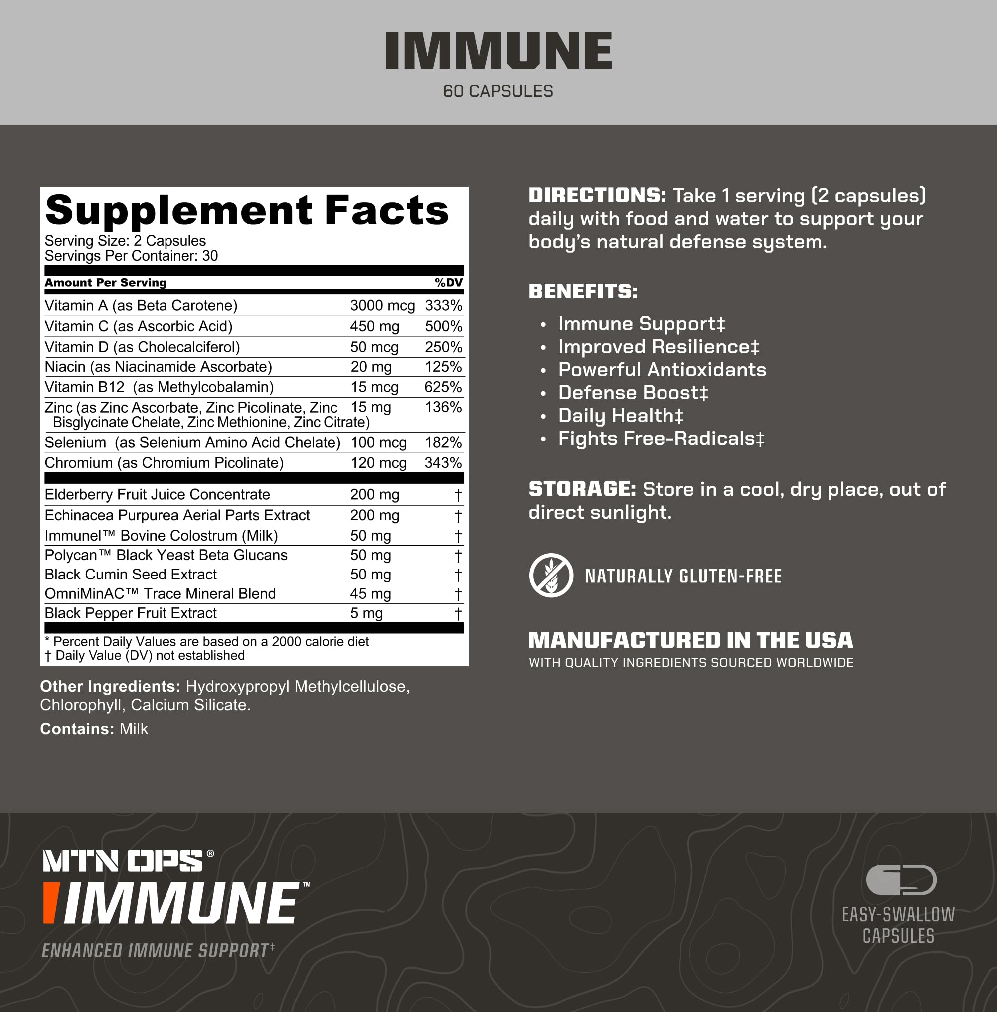 MTN OPS Immune capsules closeup highlighting easy-swallow design.