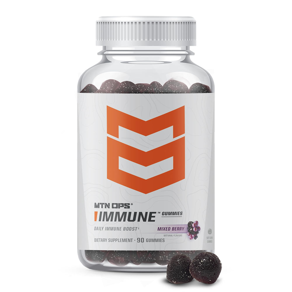 MTN OPS Immune Gummies bottle front showing mixed berry flavor for daily immune support