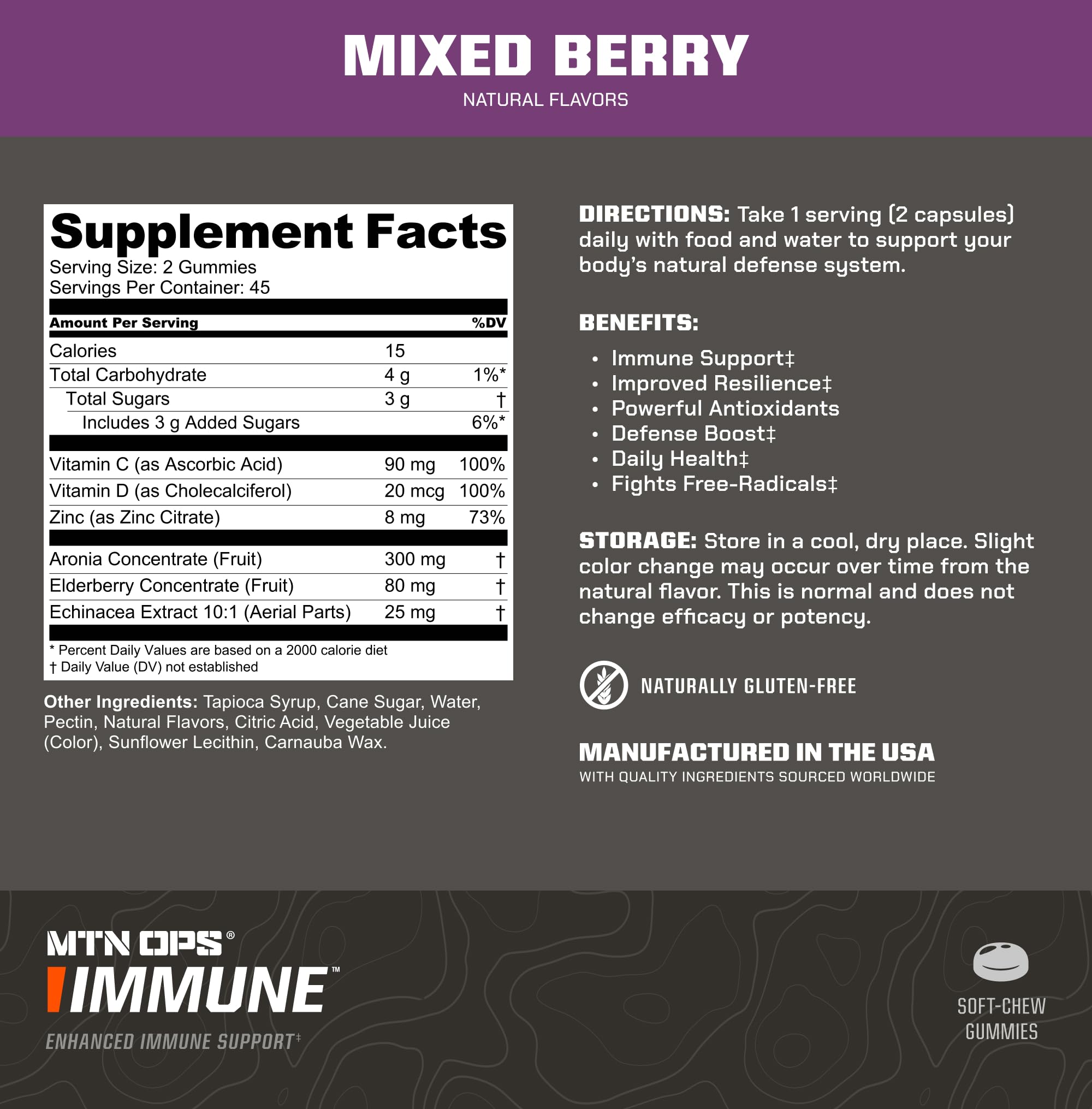 MTN OPS Immune Gummies bottle label highlighting elderberry and aronia berries