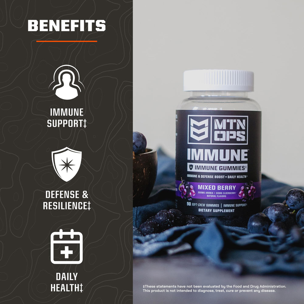 MTN OPS Immune Gummies close-up on berry texture for daily wellness