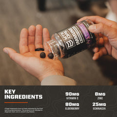Two MTN OPS Immune Gummies being poured, no water needed