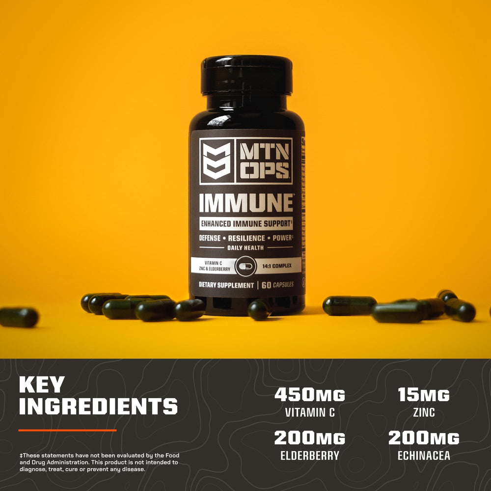 Outdoor scene with MTN OPS Immune for adventure-ready immune support.