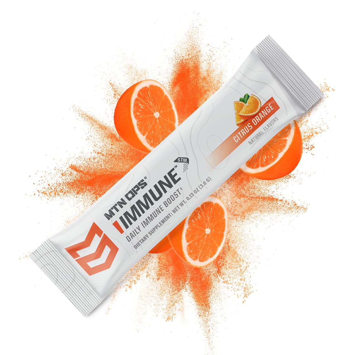 30-serving MTN OPS Immune STM box shown with portable sachets.