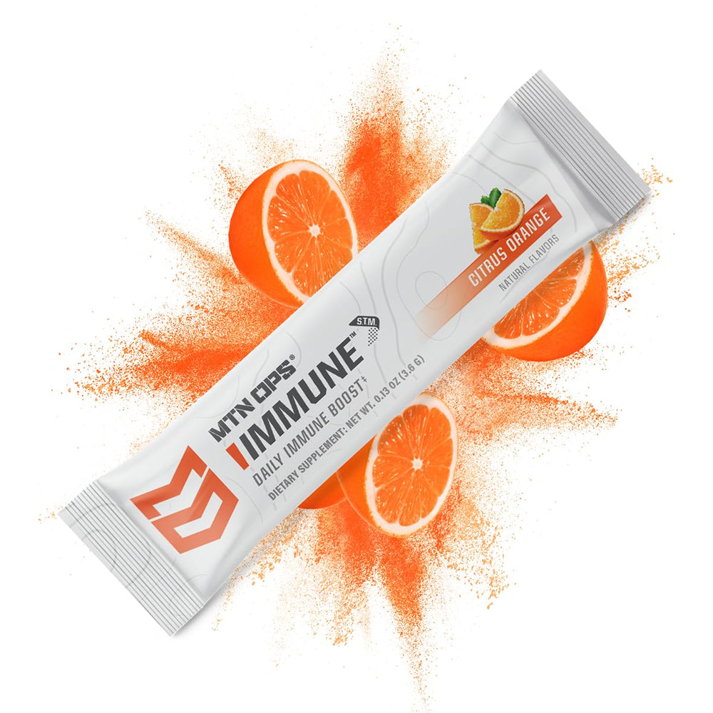 30-serving MTN OPS Immune STM box shown with portable sachets.