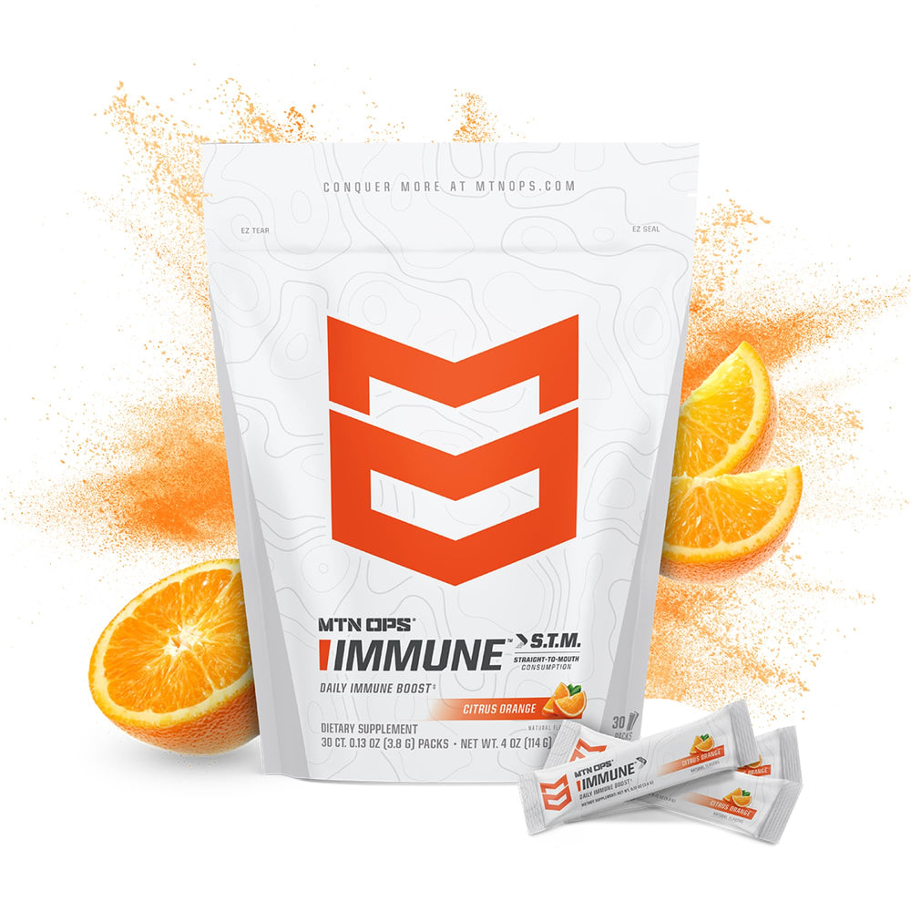 Torn MTN OPS Immune STM citrus sachet ready for quick intake.