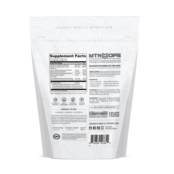 Compact MTN OPS Immune STM sachets tucked in a bag for daily wellness.