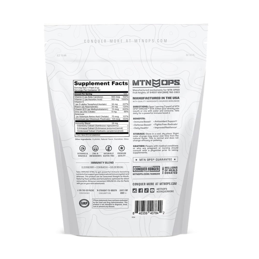 Compact MTN OPS Immune STM sachets tucked in a bag for daily wellness.
