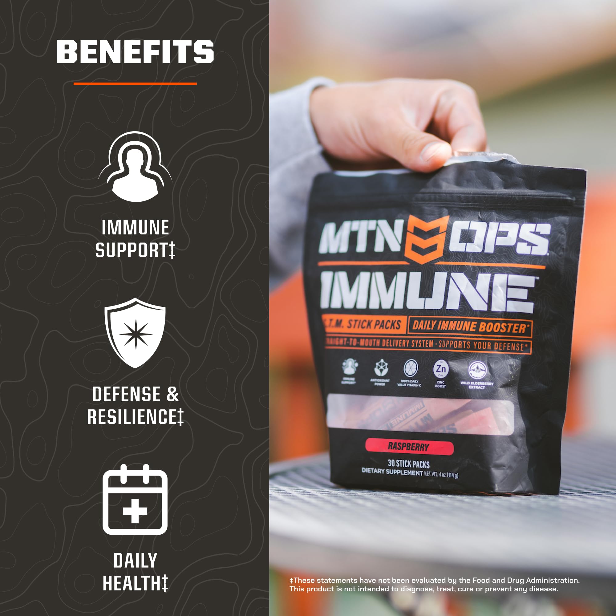 MTN OPS Immune STM raspberry flavor sachet in glass for refreshing hydration.