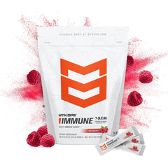 MTN OPS Immune STM raspberry sachet open for quick daily immune support.