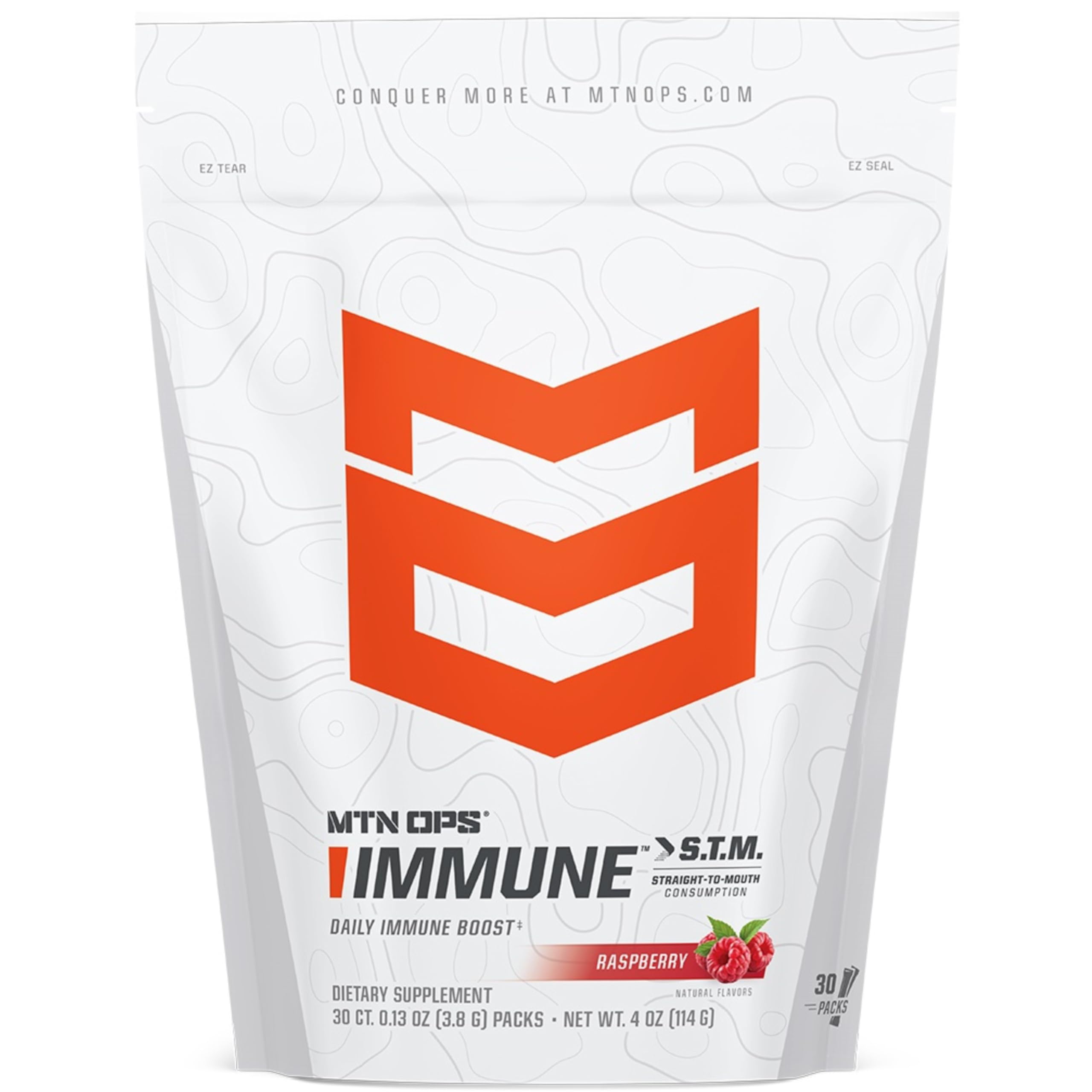 MTN OPS Immune STM raspberry sachet pour for on-the-go immune support.