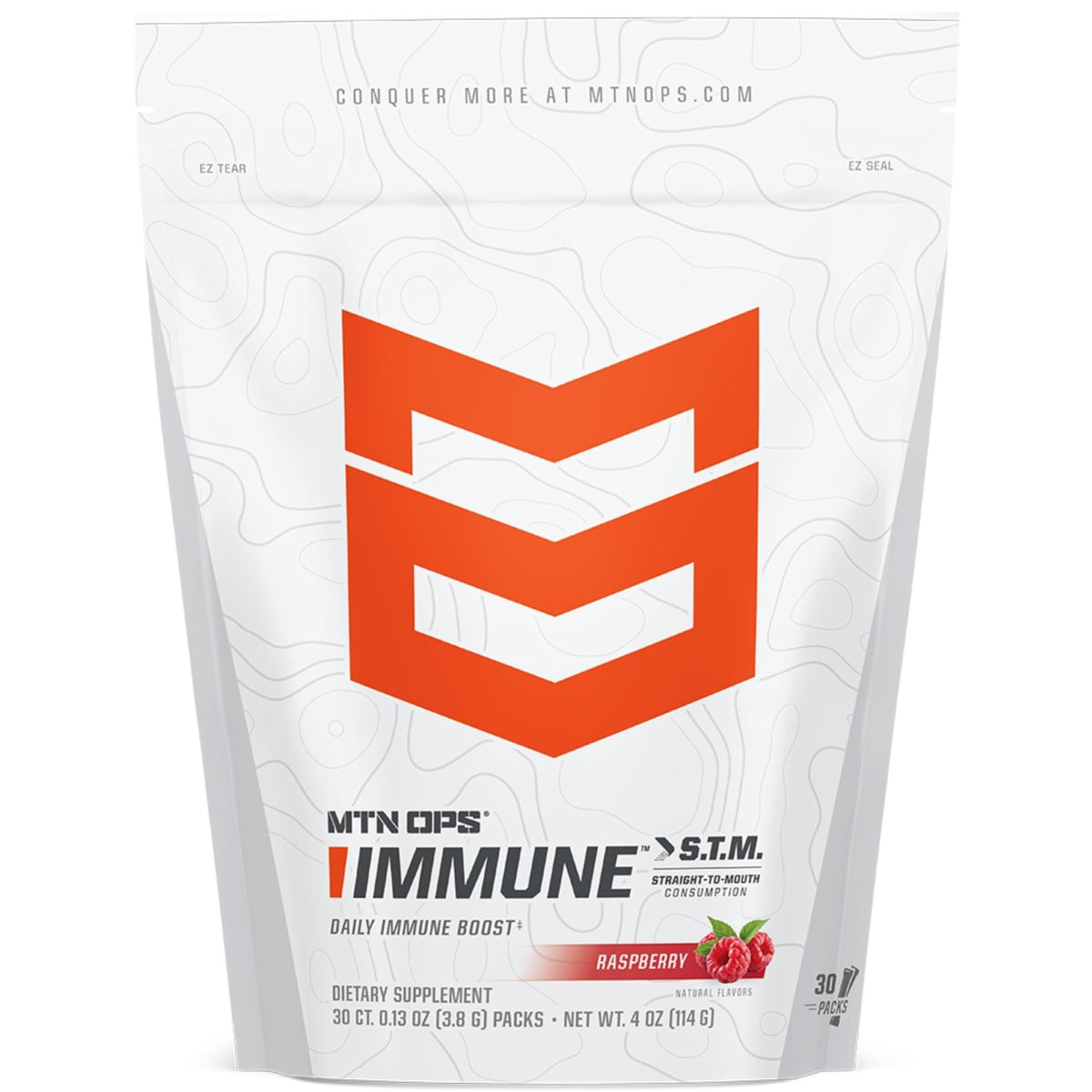 MTN OPS Immune STM raspberry sachet pour for on-the-go immune support.
