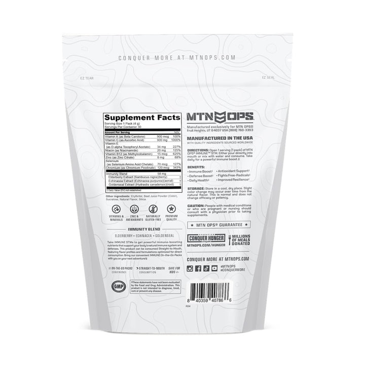 MTN OPS Immune STM powder on-the-go supports hydration and wellness.