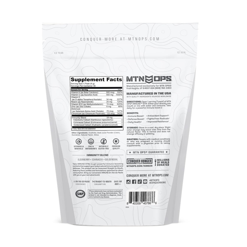 MTN OPS Immune STM powder on-the-go supports hydration and wellness.
