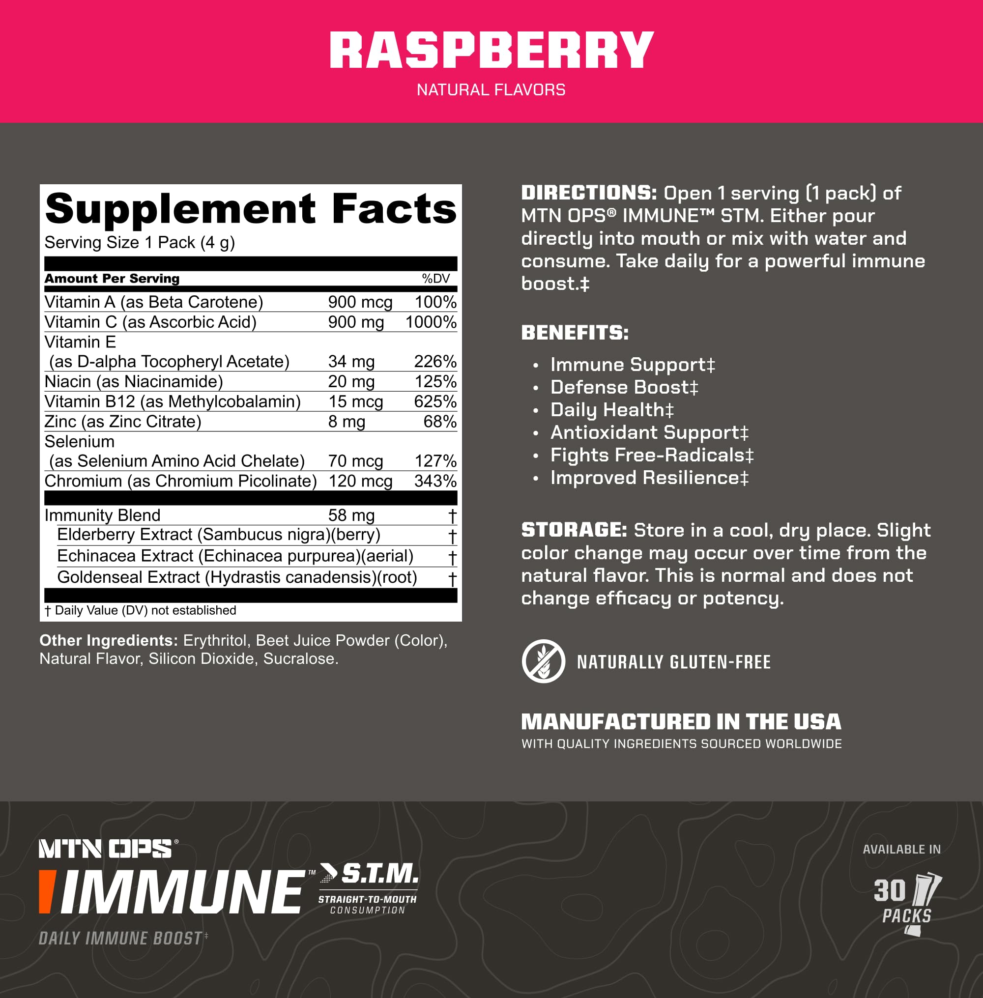 MTN OPS Immune STM straight-to-mouth use with raspberry flavor.