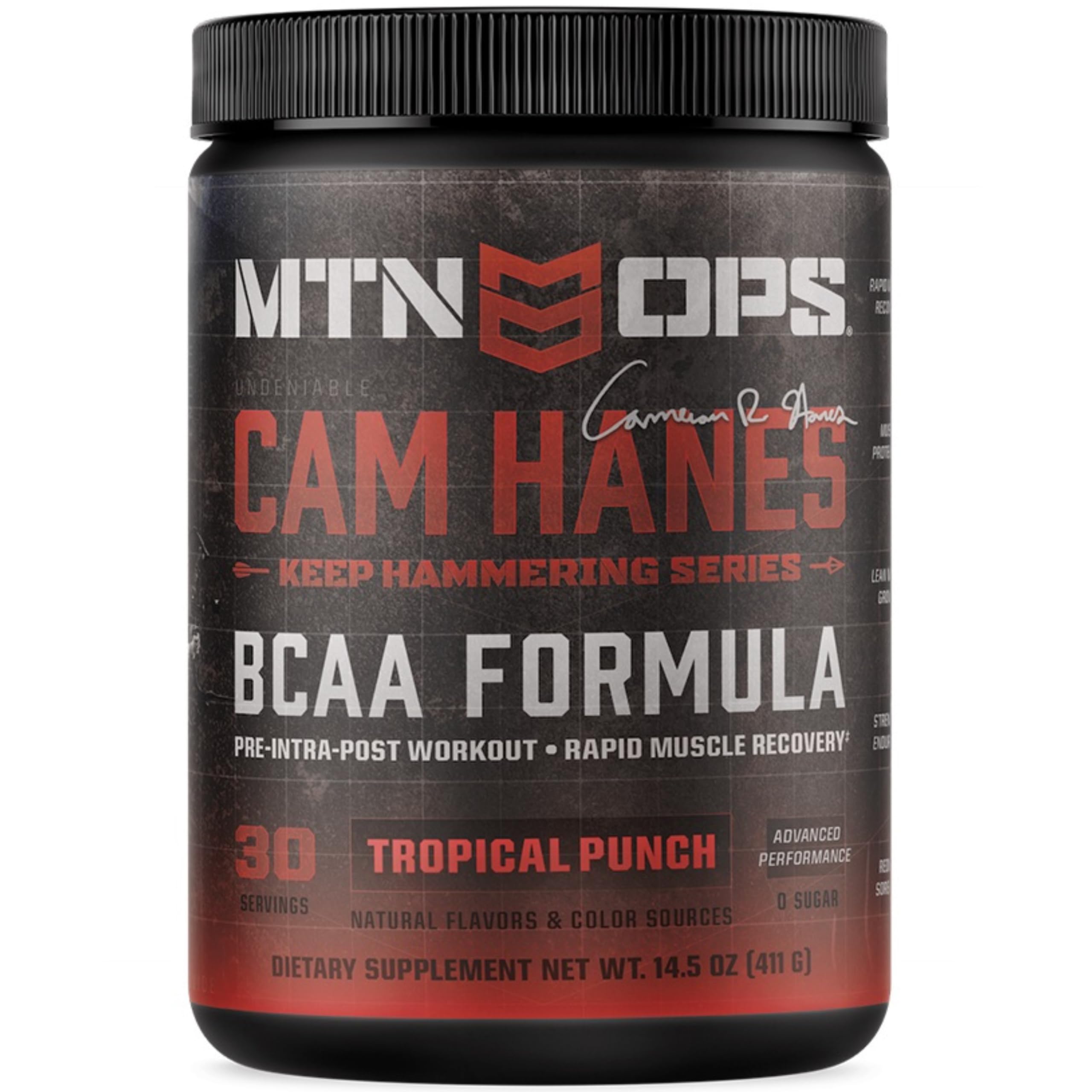 MTN OPS Keep Hammering BCAA bottle shows gluten-free formula and tropical punch flavor.