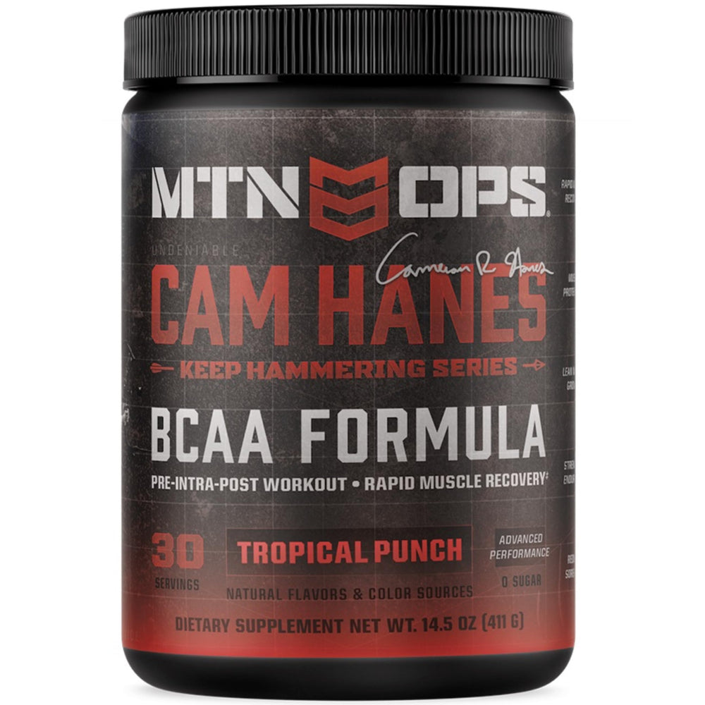 MTN OPS Keep Hammering BCAA bottle shows gluten-free formula and tropical punch flavor.