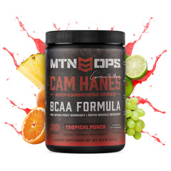 Close-up of MTN OPS Keep Hammering BCAA ingredients highlighting 2:1:1 ratio.