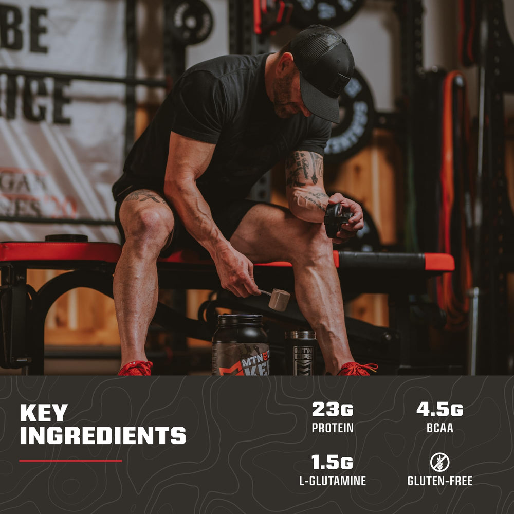 MTN OPS post-workout shake prep in kitchen or gym setup