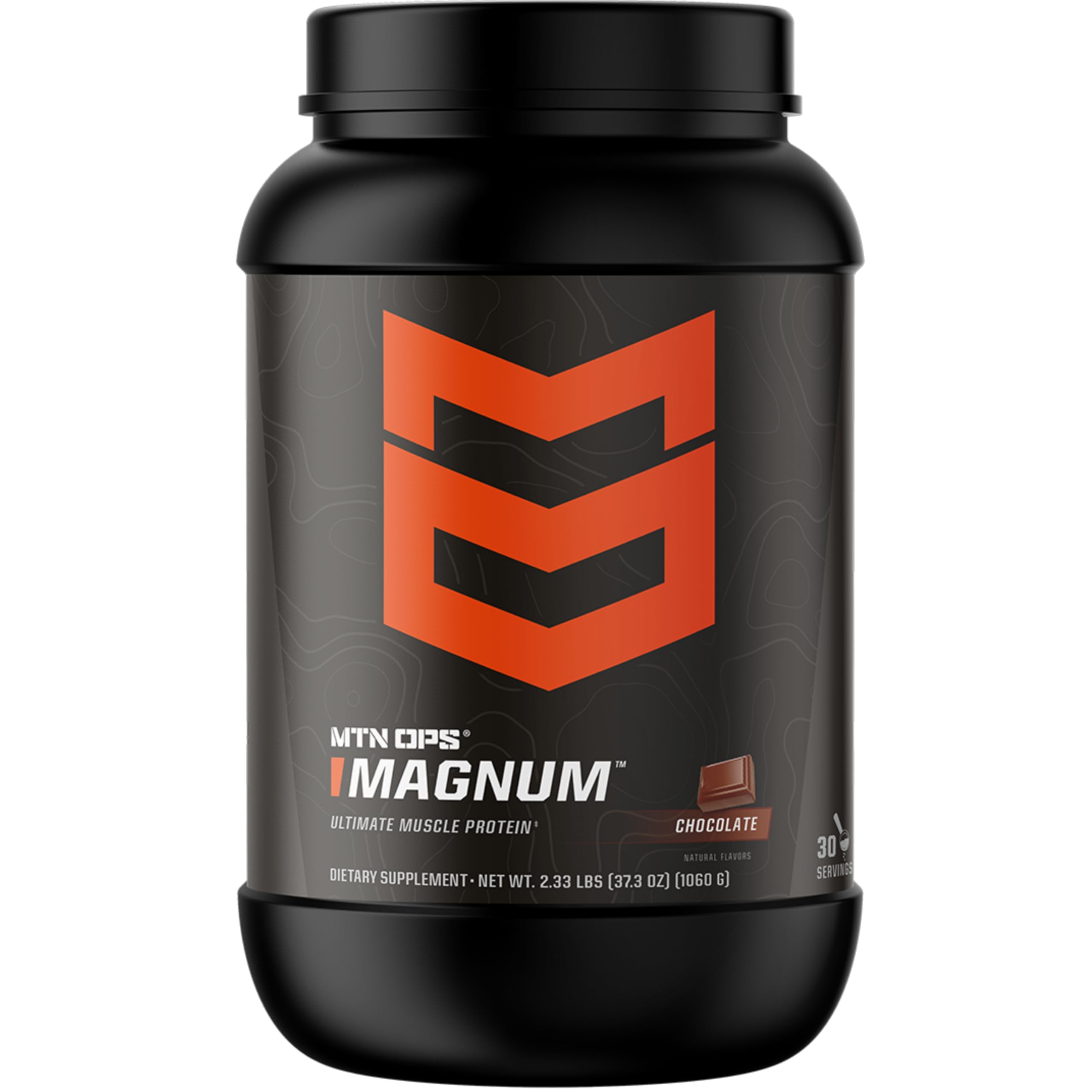MTN OPS Magnum Chocolate protein tub front view for lean muscle support
