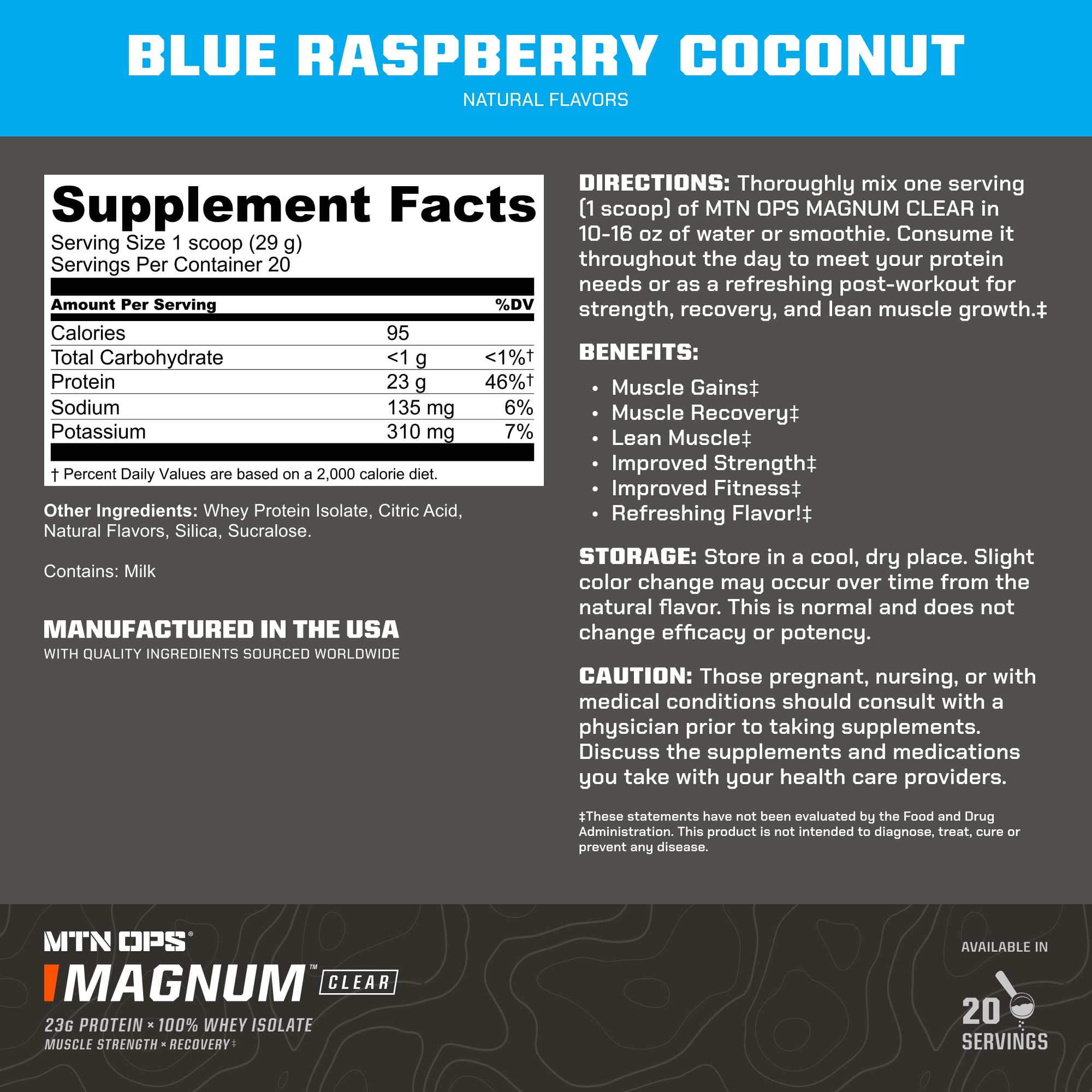 Nutrition panel on Magnum Clear Whey packaging emphasizing gluten-free, low lactose.
