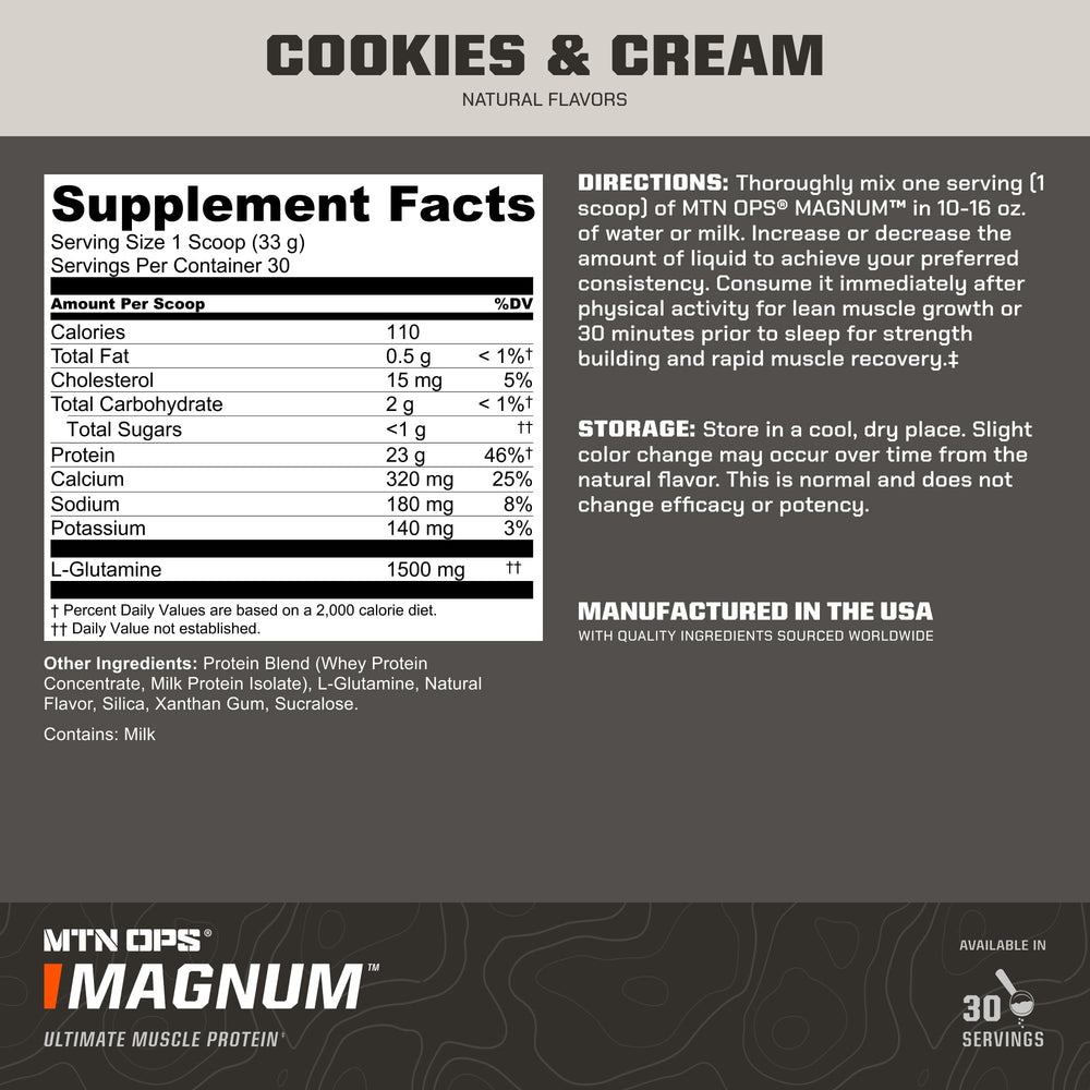MTN OPS Magnum Cookies & Cream measuring scoop demonstrates convenient daily protein intake.