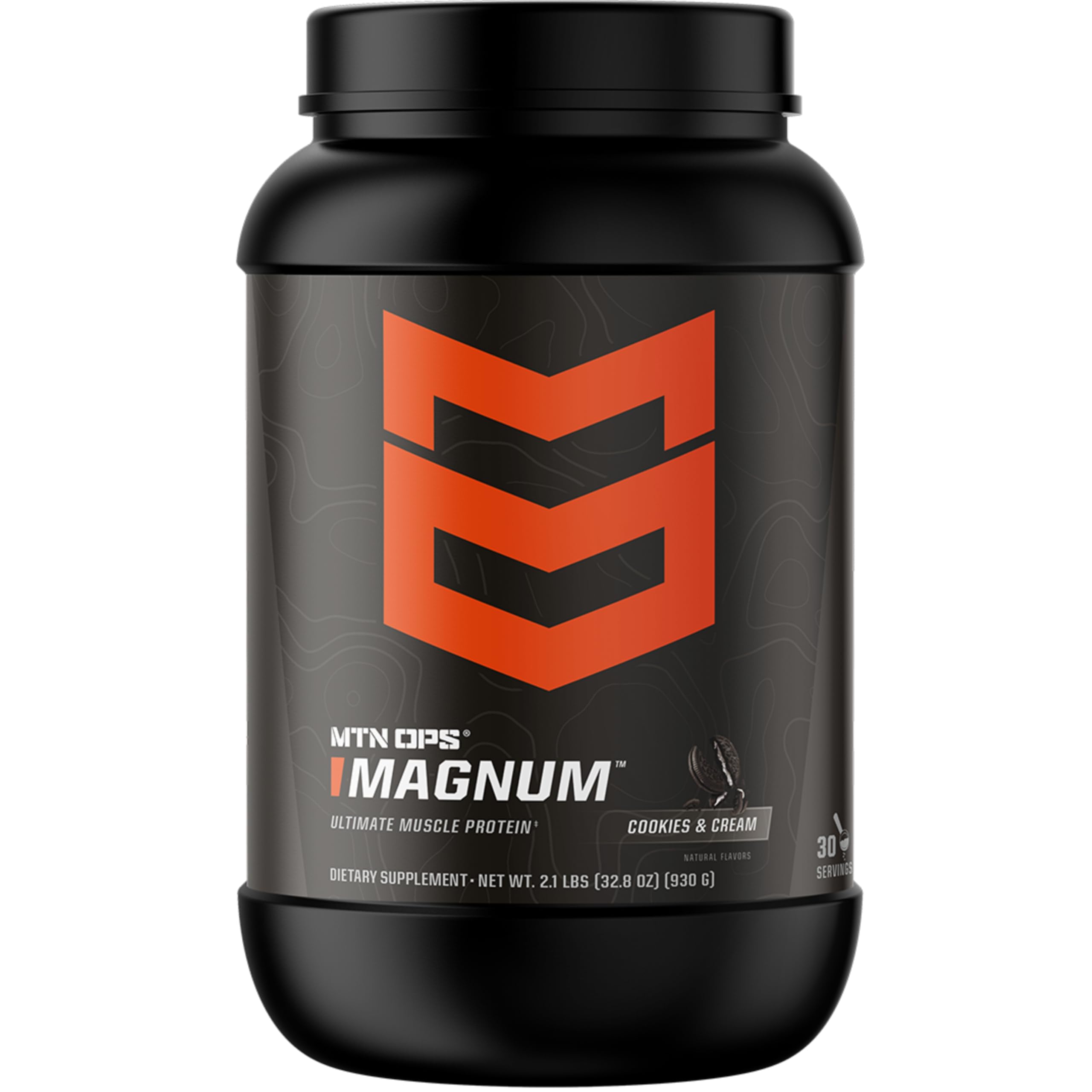 MTN OPS Magnum Cookies & Cream tub front highlights 23g protein per serving for lean muscle support.