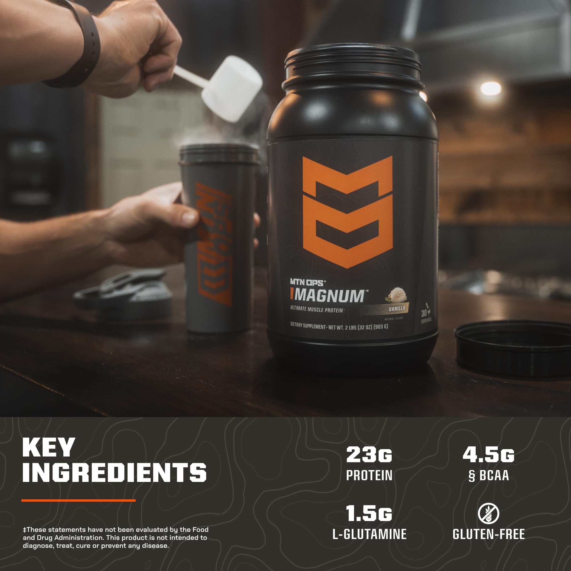 MTN OPS Magnum peanut butter chocolate flavor tub highlights rich taste