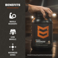 MTN OPS Magnum Strawberry label close-up highlights whey isolate and low-glycemic flavors.