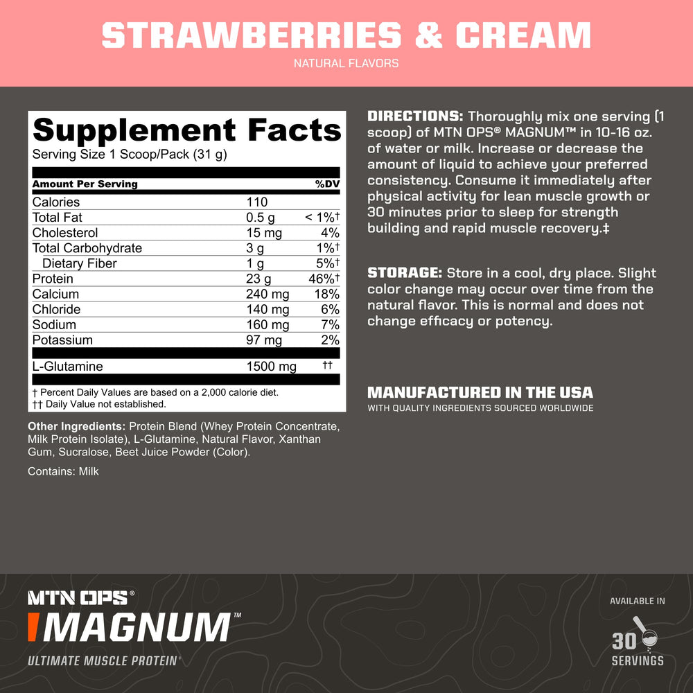 MTN OPS Magnum Strawberry scoop ready to mix with water or milk for lean muscle support.