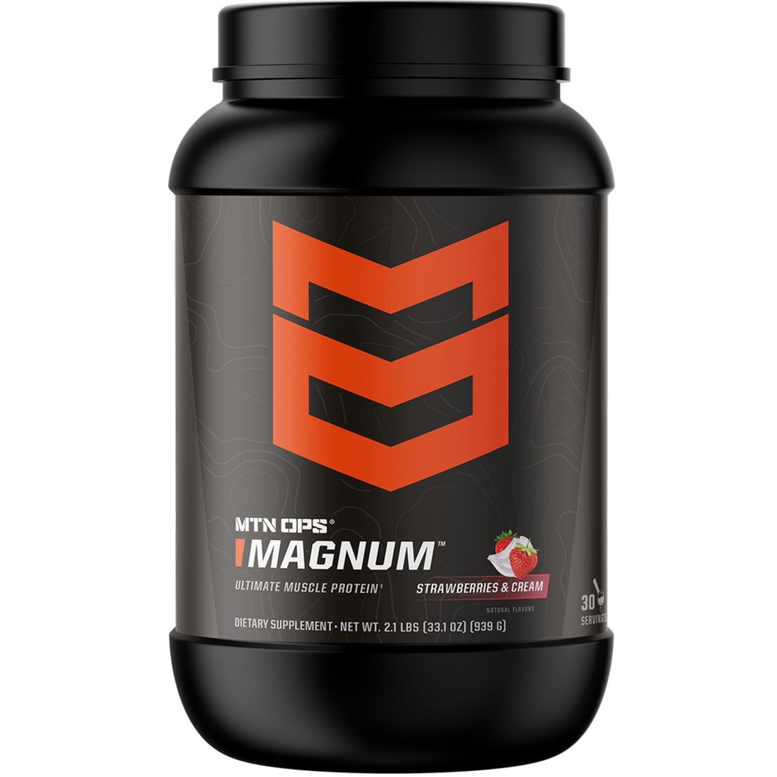 MTN OPS Magnum Strawberry tub front showing gluten-free protein for post-workout recovery.