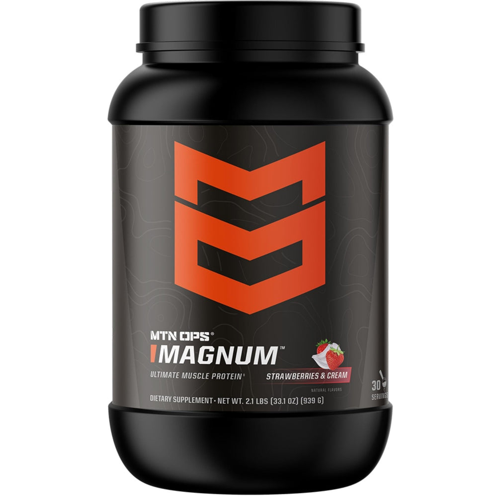 MTN OPS Magnum Strawberry tub front showing gluten-free protein for post-workout recovery.