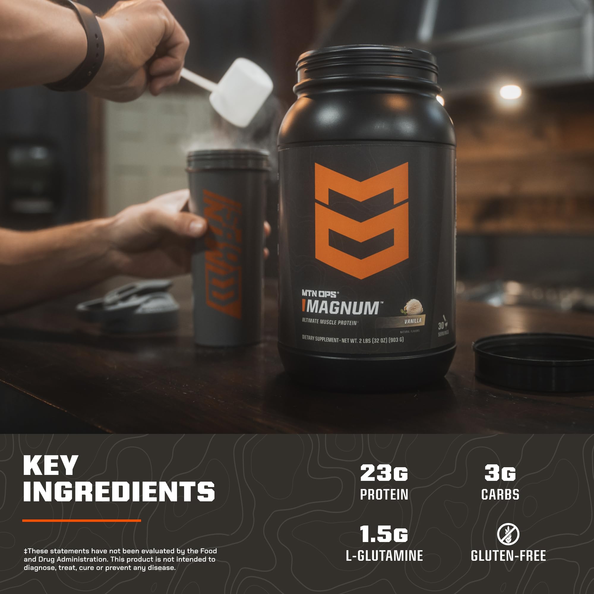 MTN OPS Magnum Vanilla ingredients label highlighting gluten-free protein blend.