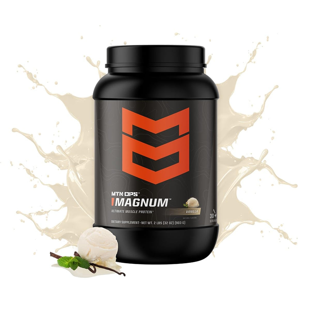 MTN OPS Magnum Vanilla scoop in hand ready for a post-workout shake.
