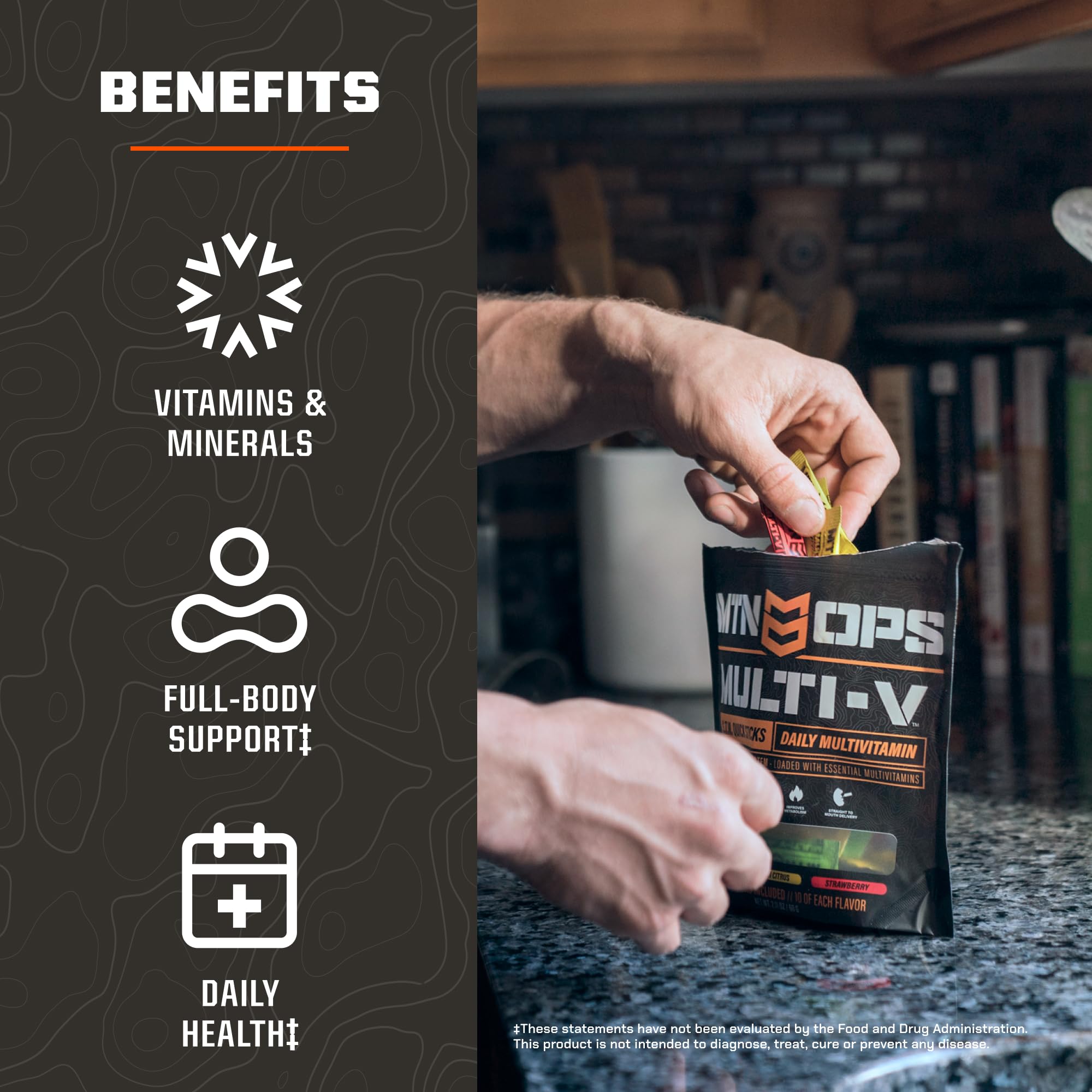 MTN OPS Multi-V capsules illustrate bone and tissue health benefits visually.