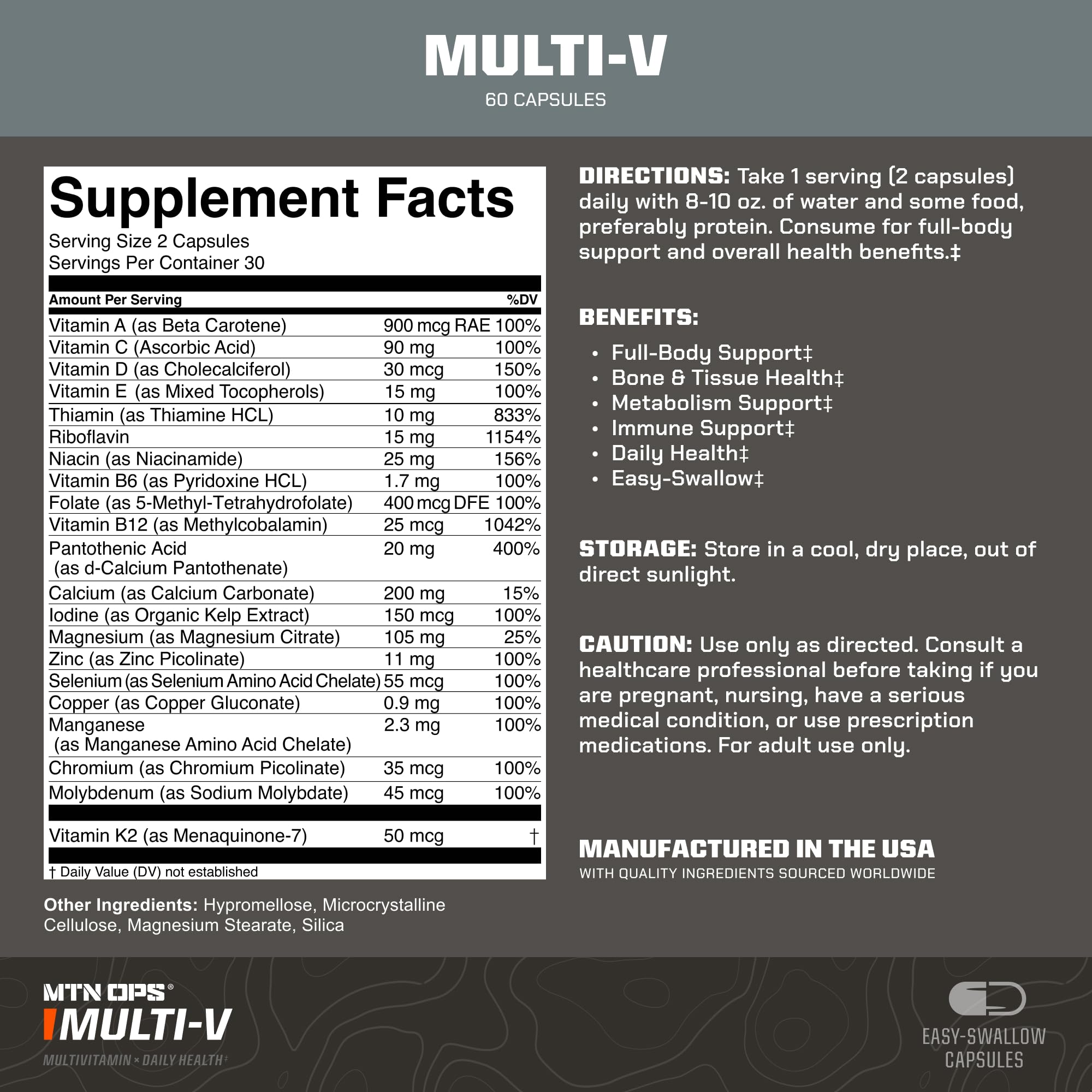 MTN OPS Multi-V capsules close-up showing easy-to-swallow tablets for daily wellness