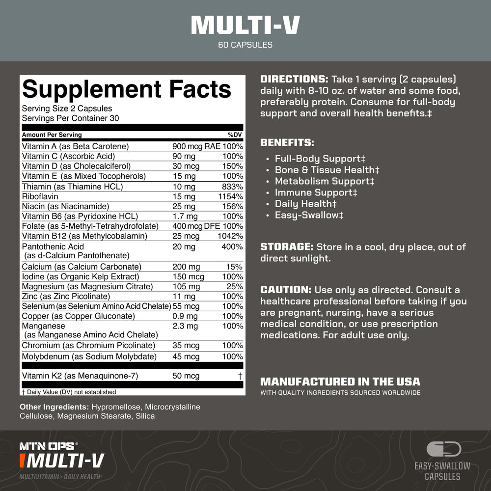 MTN OPS Multi-V capsules close-up showing easy-to-swallow tablets for daily wellness