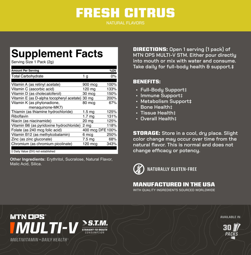 MTN OPS Multi-V in outdoor context suggests ready-to-use daily nutrients.