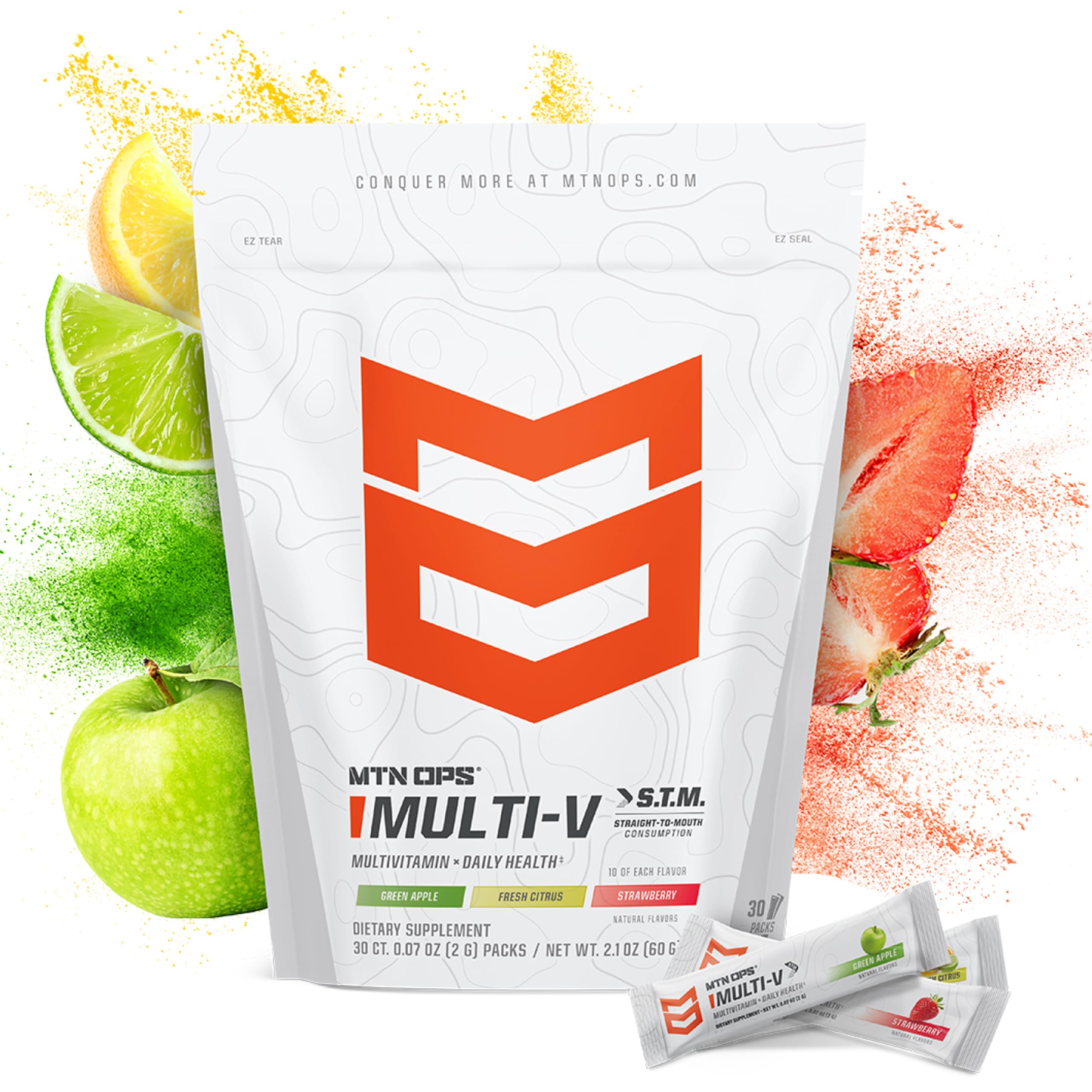 MTN OPS Multi-V STM packs on shelf emphasize gluten-free nutrition.