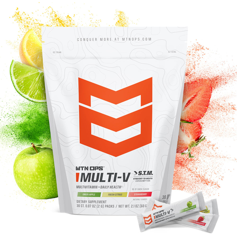 MTN OPS Multi-V STM packs on shelf emphasize gluten-free nutrition.
