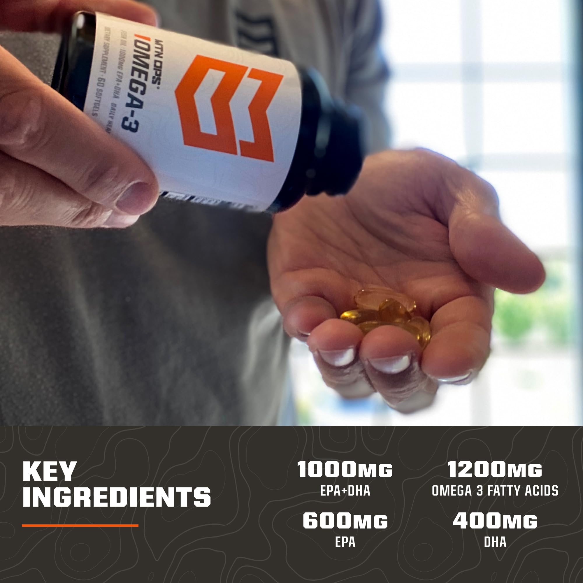 MTN OPS Omega-3 bottle closeup showing EPA and DHA amounts.