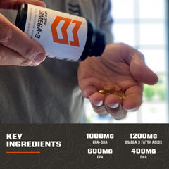 MTN OPS Omega-3 bottle closeup showing EPA and DHA amounts.