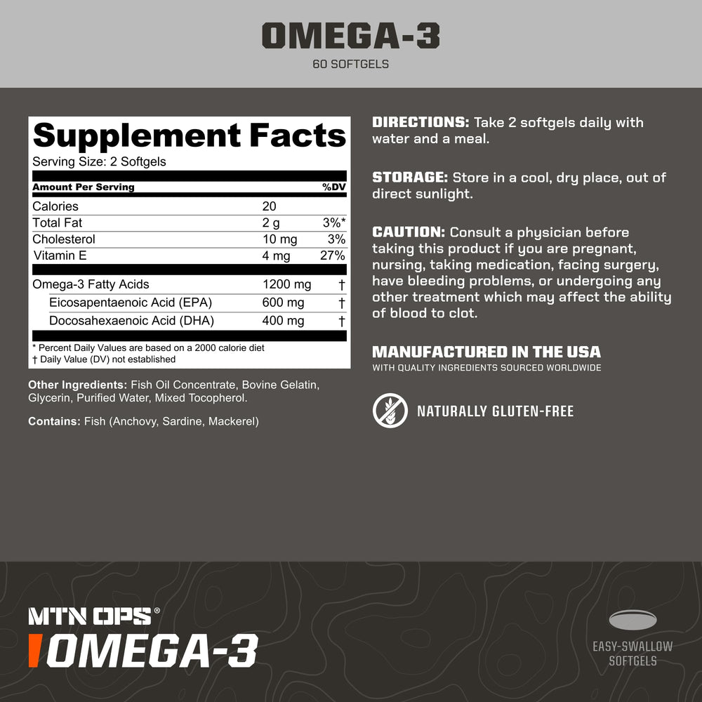MTN OPS Omega-3 softgel bottle pouring for easy daily intake.