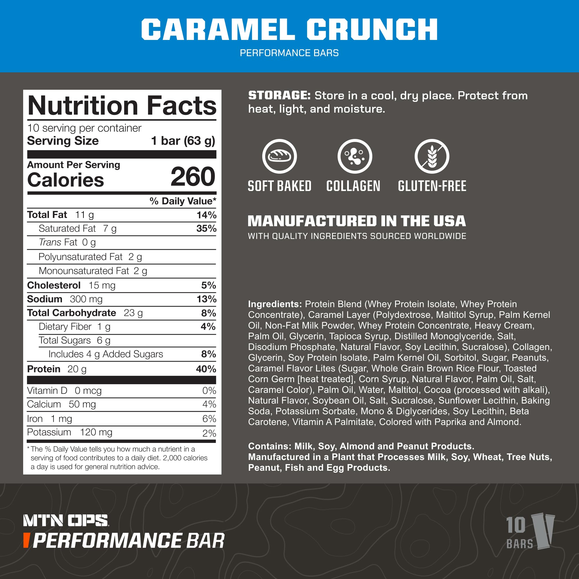 MTN OPS Protein Bar Caramel Crunch bar with chewy texture and rich flavor
