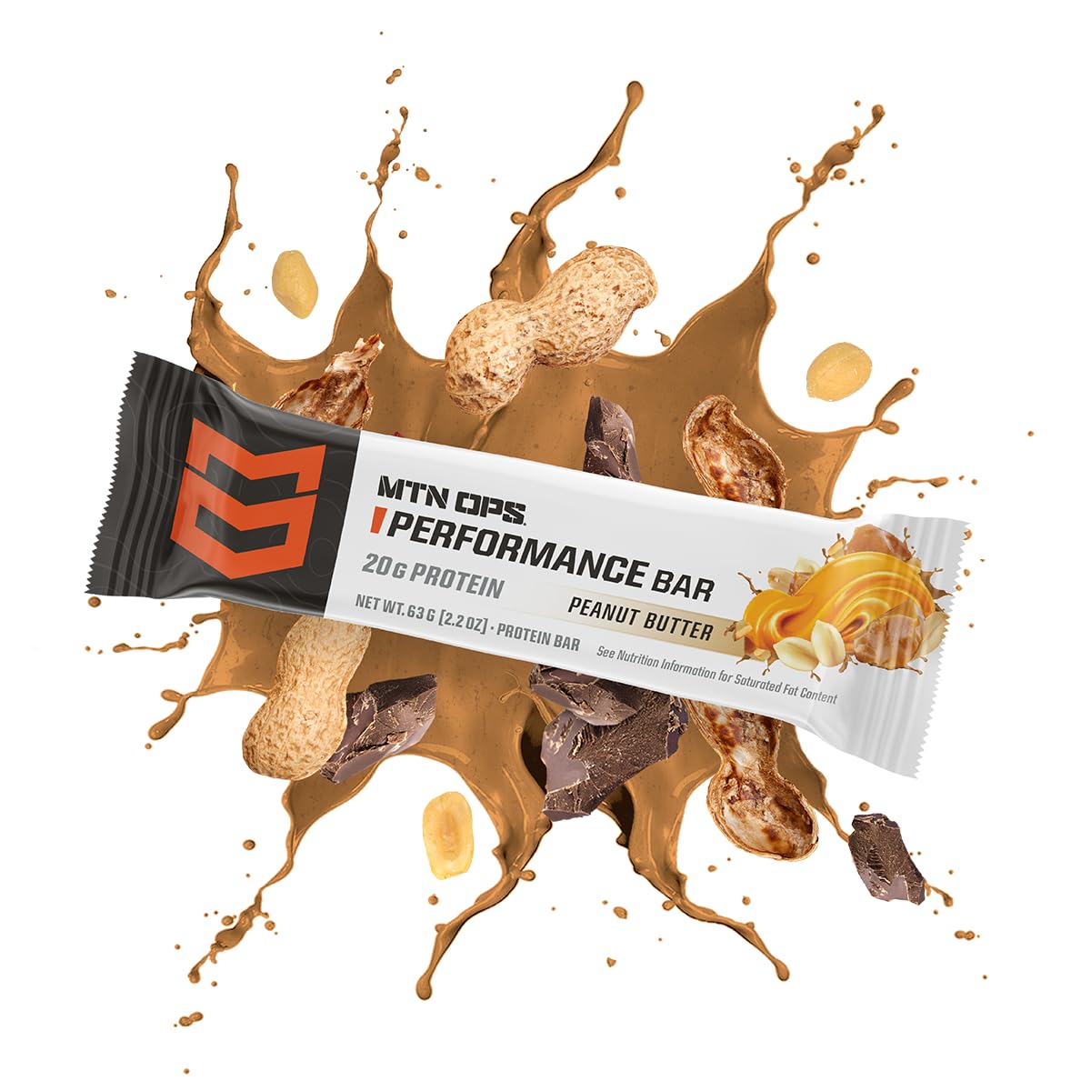 MTN OPS Protein Bars Peanut Butter Bliss nutrition panel highlights 20 g protein per bar.
