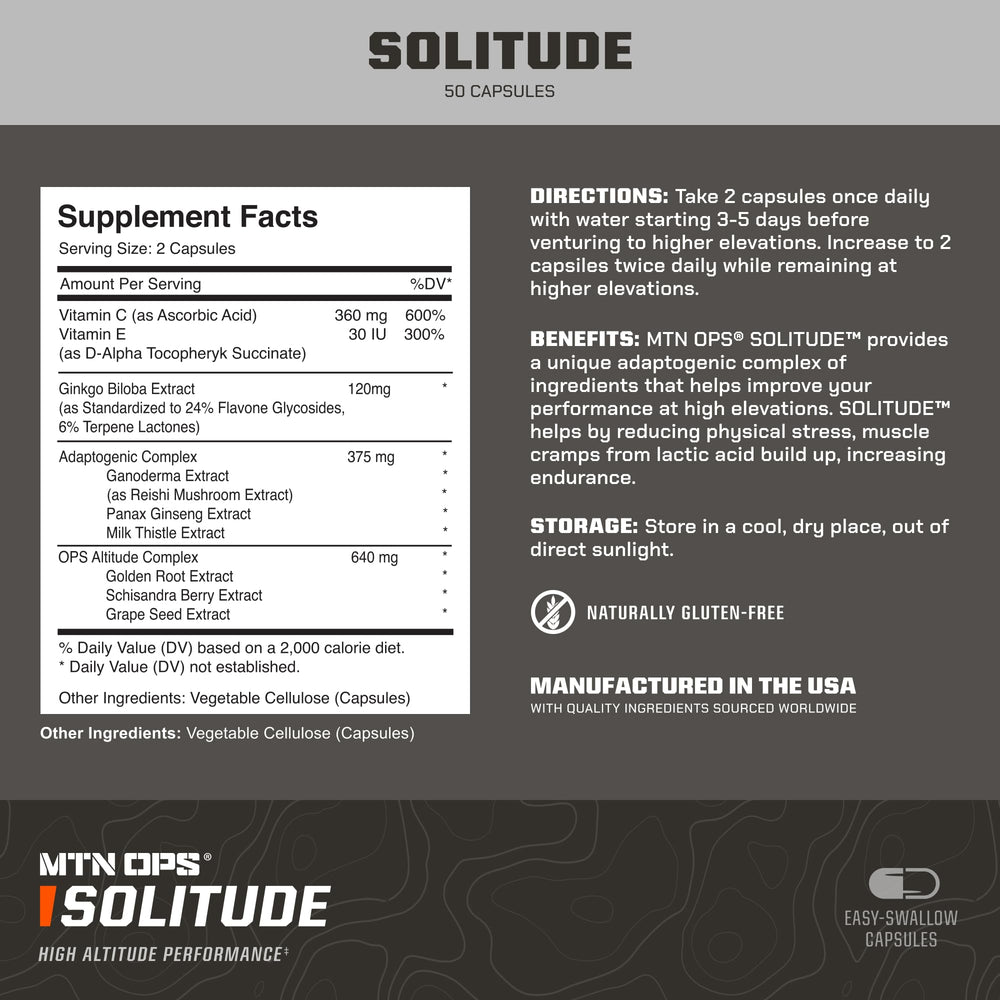 Closeup of Solitude capsules highlighting vegetarian wellness support for climbs.