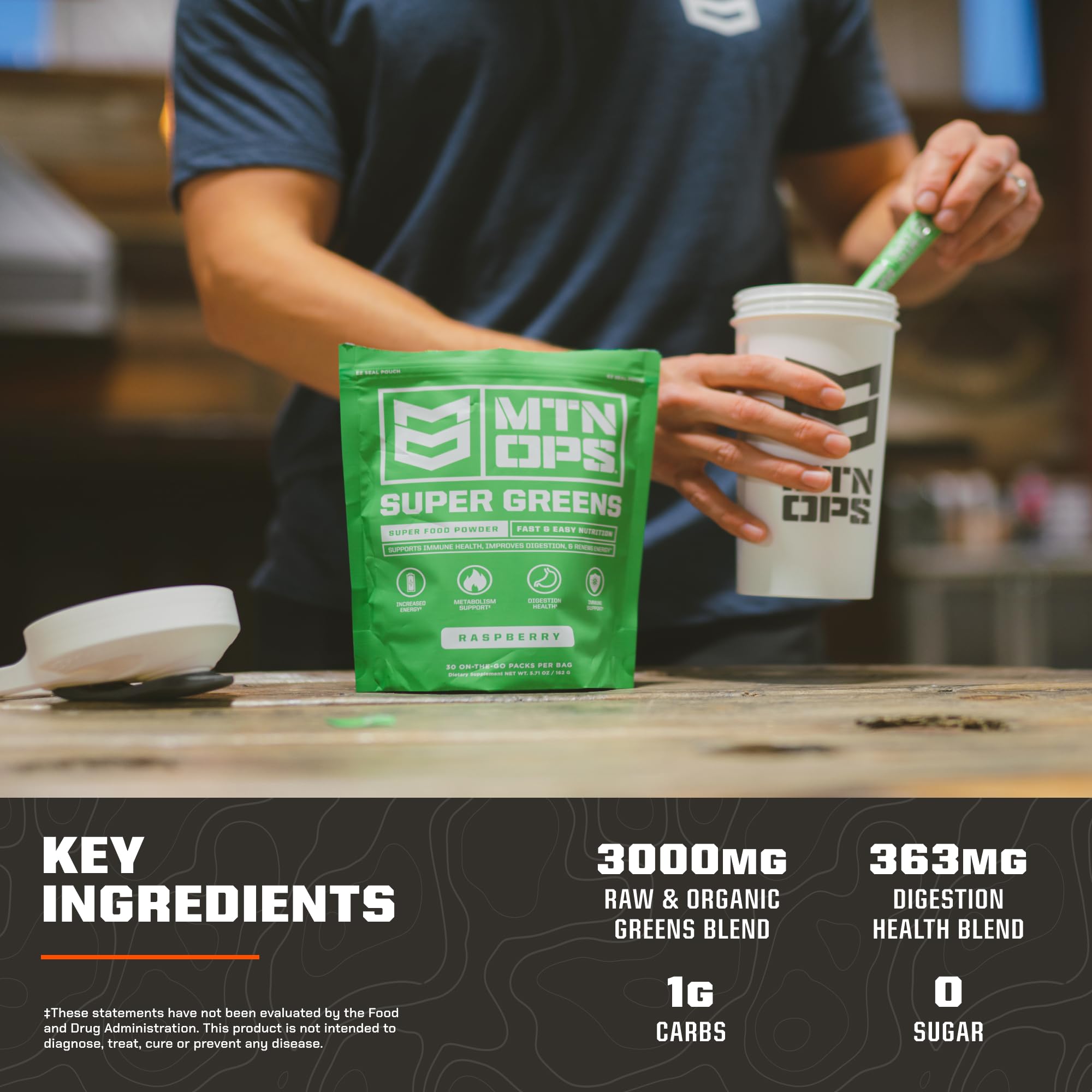 MTN OPS Super Greens dissolving in cold water with vibrant green hue.