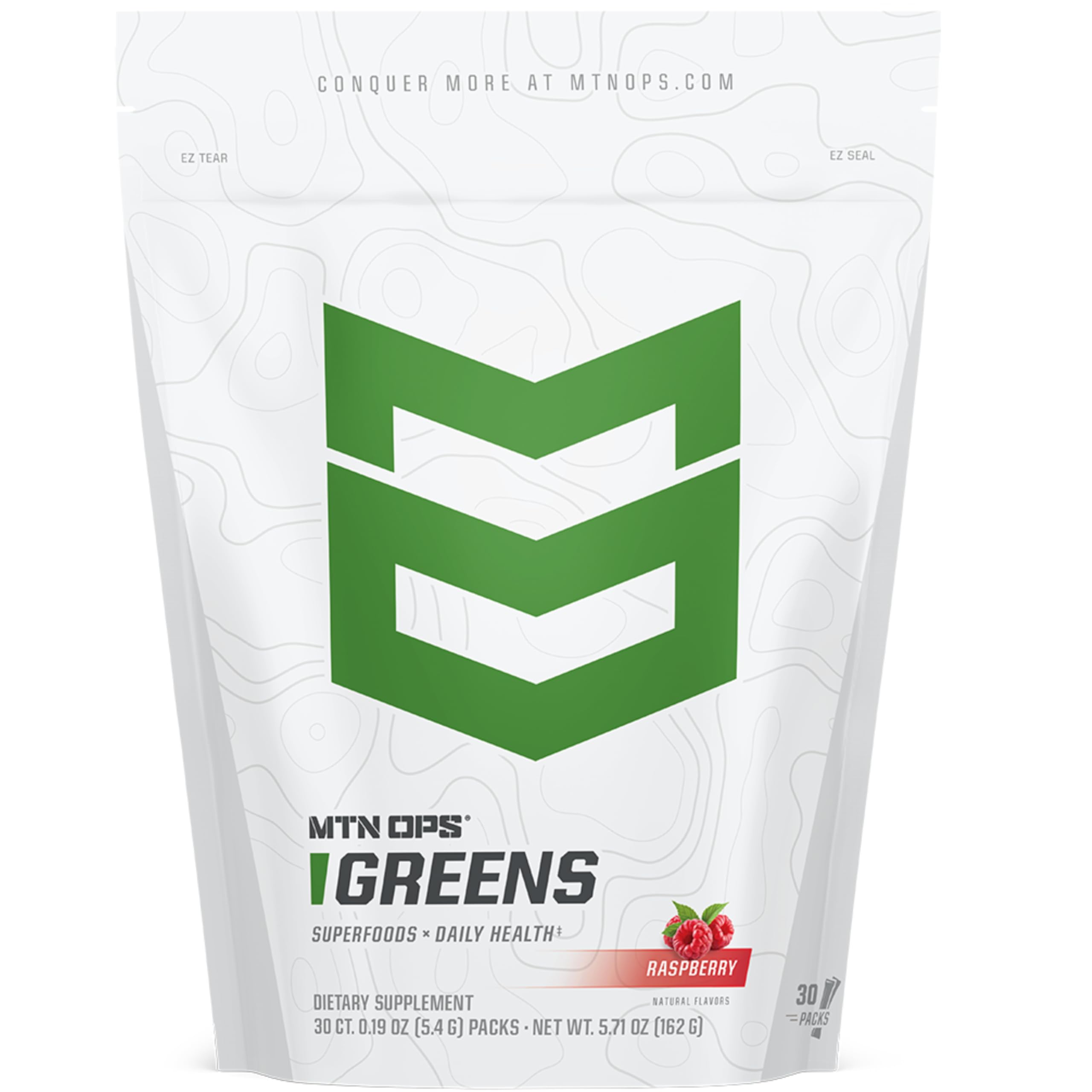 MTN OPS Super Greens packaging front showing on-the-go energy and immune support.