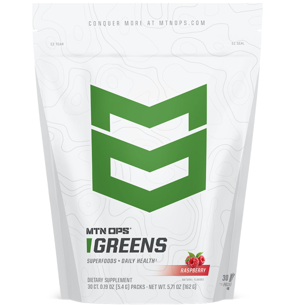 MTN OPS Super Greens packaging front showing on-the-go energy and immune support.