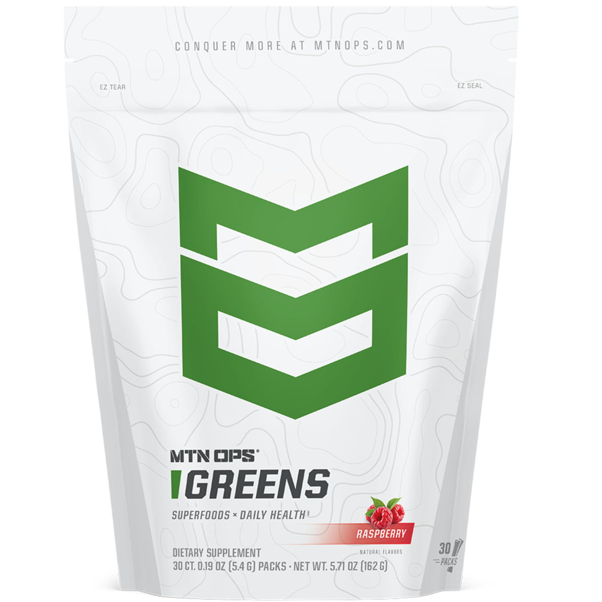 MTN OPS Super Greens packaging front showing on-the-go energy and immune support.